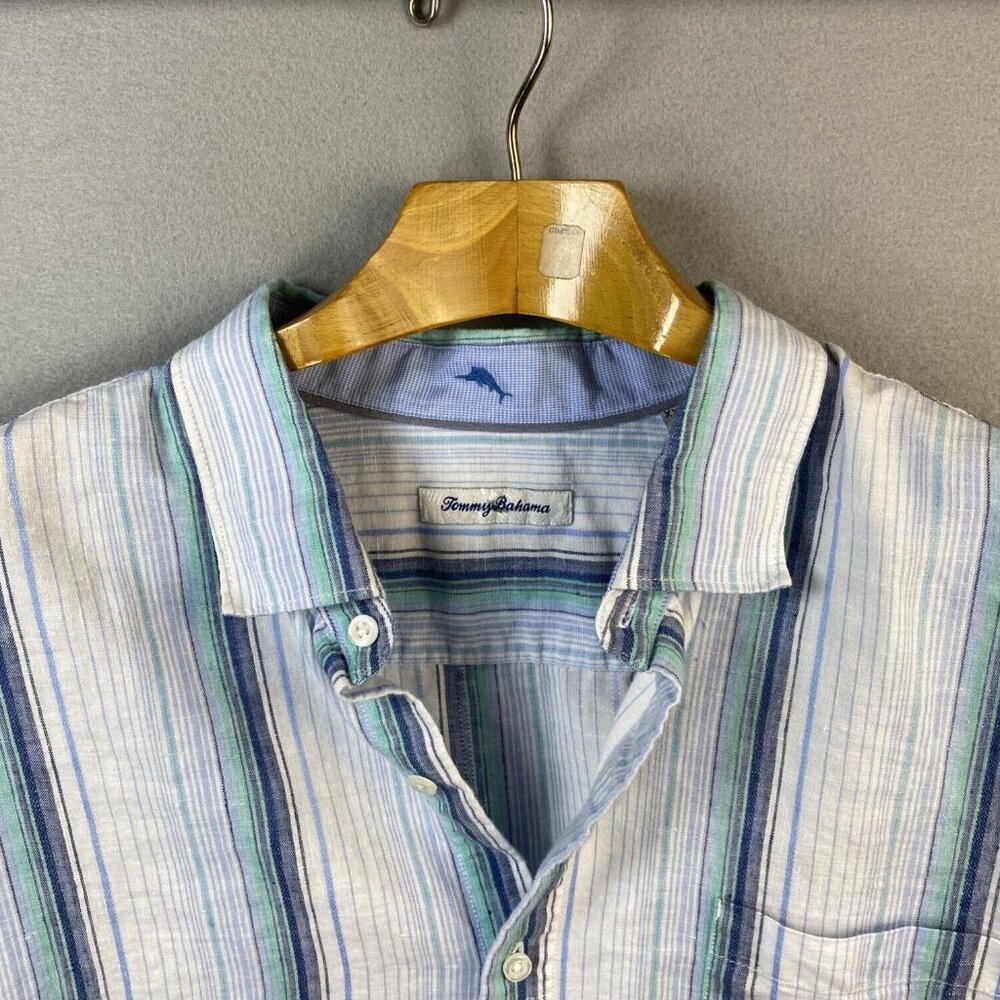 Tommy Bahama Shirt Mens XXL Light Blue Striped‎ Button Up Linen Blend Sorona 2XL - Picture 2 of 14